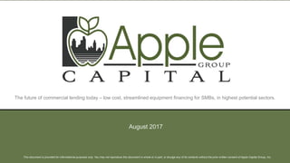 August 2017
The future of commercial lending today – low cost, streamlined equipment financing for SMBs, in highest potential sectors.
This document is provided for informational purposes only. You may not reproduce this document in whole or in part, or divulge any of its contents without the prior written consent of Apple Capital Group, Inc.
 