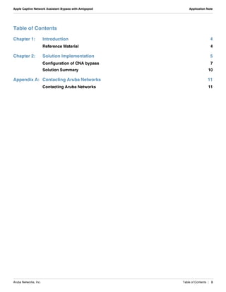 Aruba Networks, Inc. Table of Contents | 3
Apple Captive Network Assistant Bypass with Amigopod Application Note
Table of Contents
Chapter 1: Introduction 4
Reference Material 4
Chapter 2: Solution Implementation 5
Configuration of CNA bypass 7
Solution Summary 10
Appendix A: Contacting Aruba Networks 11
Contacting Aruba Networks 11
 