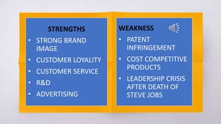 STRENGTHS
• STRONG BRAND
IMAGE
• CUSTOMER LOYALITY
• CUSTOMER SERVICE
• R&D
• ADVERTISING
WEAKNESS
• PATENT
INFRINGEMENT
• COST COMPETITIVE
PRODUCTS
• LEADERSHIP CRISIS
AFTER DEATH OF
STEVE JOBS
 