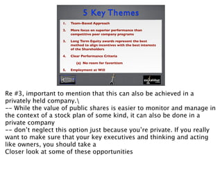 1. Team-Based Approach
2. More focus on superior performance than
competitive peer company programs
3. Long Term Equity awards represent the best
method to align incentives with the best interests
of the Shareholders
4. Clear Performance Criteria
(a) No room for favoritism
5. Employment at Will
5 Key Themes
3
 