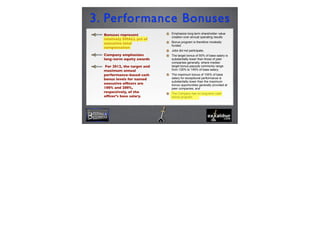 Bonuses represent
relatively SMALL pct of
executive total
compensation
Company emphasizes
long-term equity awards
For 2012, the target and
maximum annual
performance–based cash
bonus levels for named
executive ofﬁcers are
100% and 200%,
respectively, of the
ofﬁcer’s base salary.
3. Performance Bonuses
6
Emphasize long-term shareholder value
creation over annual operating results
Bonus program is therefore modestly
funded
Jobs did not participate;
The target bonus of 50% of base salary is
substantially lower than those of peer
companies generally, where median
target bonus payouts commonly range
from 125% to 145% of base salary;
The maximum bonus of 100% of base
salary for exceptional performance is
substantially lower than the maximum
bonus opportunities generally provided at
peer companies; and
The Company has no long-term cash
bonus program.
 