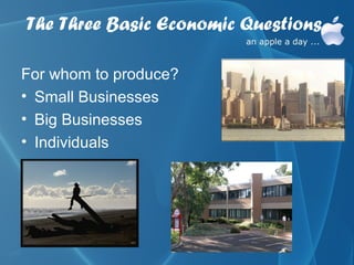 The Three Basic Economic Questions

For whom to produce?
• Small Businesses
• Big Businesses
• Individuals
 