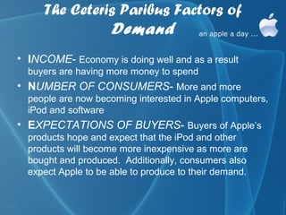 The Ceteris Paribus Factors of
               Demand
• INCOME- Economy is doing well and as a result
  buyers are having more money to spend
• NUMBER OF CONSUMERS- More and more
  people are now becoming interested in Apple computers,
  iPod and software
• EXPECTATIONS OF BUYERS- Buyers of Apple’s
  products hope and expect that the iPod and other
  products will become more inexpensive as more are
  bought and produced. Additionally, consumers also
  expect Apple to be able to produce to their demand.
 