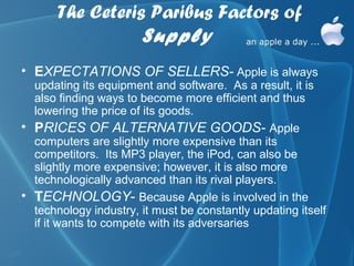 The Ceteris Paribus Factors of
                  Supply
• EXPECTATIONS OF SELLERS- Apple is always
  updating its equipment and software. As a result, it is
  also finding ways to become more efficient and thus
  lowering the price of its goods.
• PRICES OF ALTERNATIVE GOODS- Apple
  computers are slightly more expensive than its
  competitors. Its MP3 player, the iPod, can also be
  slightly more expensive; however, it is also more
  technologically advanced than its rival players.
• TECHNOLOGY- Because Apple is involved in the
  technology industry, it must be constantly updating itself
  if it wants to compete with its adversaries
 
