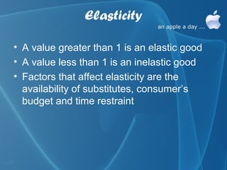Elasticity

• A value greater than 1 is an elastic good
• A value less than 1 is an inelastic good
• Factors that affect elasticity are the
  availability of substitutes, consumer’s
  budget and time restraint
 