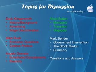 Topics for Discussion
Zack Klingensmith           Alicia Sutton
• History/Background        • Monopoly
• Advertising               • Transition
• Wage Discrimination       • Oligopoly

Mike Rush                   Mark Bender
• Economic Questions        • Government Intervention
• Ceterus Paribus           • The Stock Market
                            • Summary
Angelo Granata
• Substitutes/Complements   Questions and Answers
• Elasticity
 