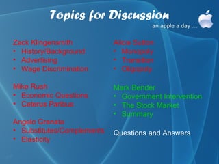 Topics for Discussion
Zack Klingensmith           Alicia Sutton
• History/Background        • Monopoly
• Advertising               • Transition
• Wage Discrimination       • Oligopoly

Mike Rush                   Mark Bender
• Economic Questions        • Government Intervention
• Ceterus Paribus           • The Stock Market
                            • Summary
Angelo Granata
• Substitutes/Complements   Questions and Answers
• Elasticity
 