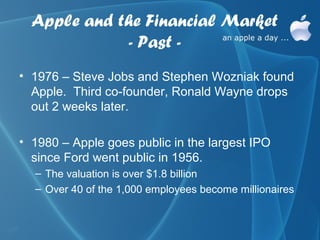Apple and the Financial Market
             - Past -
• 1976 – Steve Jobs and Stephen Wozniak found
  Apple. Third co-founder, Ronald Wayne drops
  out 2 weeks later.

• 1980 – Apple goes public in the largest IPO
  since Ford went public in 1956.
  – The valuation is over $1.8 billion
  – Over 40 of the 1,000 employees become millionaires
 