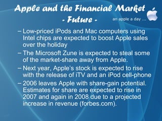 Apple and the Financial Market
           - Future -
– Low-priced iPods and Mac computers using
  Intel chips are expected to boost Apple sales
  over the holiday
– The Microsoft Zune is expected to steal some
  of the market-share away from Apple.
– Next year, Apple’s stock is expected to rise
  with the release of iTV and an iPod cell-phone
– 2006 leaves Apple with share-gain potential.
  Estimates for share are expected to rise in
  2007 and again in 2008 due to a projected
  increase in revenue (forbes.com).
 
