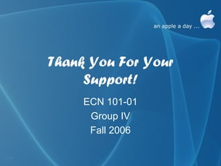 Thank You For Your
     Support!
     ECN 101-01
      Group IV
      Fall 2006
 