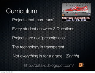 Curriculum
                    Projects that ‘earn runs’

                    Every student answers 3 Questions

                    Projects are not ‘prescriptions’

                    The technology is transparent

                     Not everything is for a grade (Shhhh)

                           http://data-di.blogspot.com/
Tuesday, March 29, 2011
 