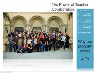 The Power of Teacher
                          Collaboration 1. 	

   Shared Tech Resources

                                        2. 	

               TV Studio

                                        3. 	

        Recording Studio

                                        4. 	

           Computer Lab

                                        5. 	

               Guitar lab

                                        6. 	

        Pro Certiﬁcation

                                        7. 	

       UC A-G Fine Arts

                                        8. 	

         College Pathway

                                        9. 	

   Industry Collaboration

                                        10. 	

 Technical   & Academic




                                         Why our
                                         program
                                          works

                                                  4 Cs


Tuesday, March 29, 2011
 