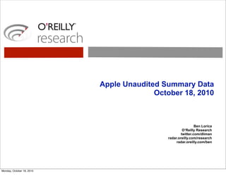 Apple Unaudited Summary Data
                                         October 18, 2010



                                                             Ben Lorica
                                                     O’Reilly Research
                                                    twitter.com/dliman
                                            radar.oreilly.com/research
                                                 radar.oreilly.com/ben




Monday, October 18, 2010
 