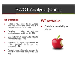 SWOT Analysis (Cont.)
ST Strategies:
Release new products to Europe
and Asia Pacific the same time it is
released in America (S1 T1)
Develop 1 product for business
application and test it out (S1 T2)
Conduct market research to mitigate
financial risks (S2 T3)
Introduce 1 legal department to
collect damages in infringed on
patents (S1 T4)
Provide good after-sale services to
entertain customer complaints (S1
T6)
WT Strategies:
Create accessibility to
stores
 