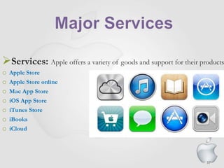 37
Services: Apple offers a variety of goods and support for their products
o Apple Store
o Apple Store online
o Mac App Store
o iOS App Store
o iTunes Store
o iBooks
o iCloud
 