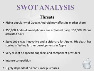 69
Threats
 Rising popularity of Google Android may affect its market share
 350,000 Android smartphones are activated daily, 150,000 iPhone
activated daily
 Steve Job’s was innovative and a visionary for Apple. His death has
started affecting further developments in Apple
 Very reliant on specific suppliers and component providers
 Intense competition
 Highly dependent on consumer purchases
 