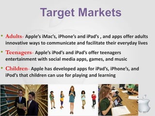 91
• Adults- Apple’s iMac’s, iPhone’s and iPad’s , and apps offer adults
innovative ways to communicate and facilitate their everyday lives
• Teenagers- Apple’s iPod’s and iPad’s offer teenagers
entertainment with social media apps, games, and music
• Children- Apple has developed apps for iPad’s, iPhone’s, and
iPod’s that children can use for playing and learning
 