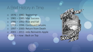 A Brief History in Time
o 1976 – 1980: Beginnings
o 1981 – 1985: Mac Success
o 1986 – 1992: Rise and Fall
o 1993 – 1996: Continued Failures
o 1997 – 2000: Return from Death
o 2001 – 2011: Jobs Reinvents Apple
o 2011 – now : Back on Top
© Yash Mittal
 