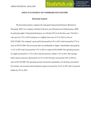 APPLE FINANCIAL ANALYSIS 5
APPLE’S STATEMENT OF COMPREHENSIVE INCOME
Horizontal Analysis
The horizontal analysis compares the subsequent financial performance (Kimmel &
Weygandt, 2007) of a company with that of the base year (Paramasivan & Subramanian, 2009).
In analyzing Apple’s financial performance, we will take 2012 to be the base years. The firm’s
sales grew by 7.2% in 2013 and grew at a slightly lower rate of 7% in 2014 to close at
$182,795,000. The company’s gross profit decreased by 6.4% in 2013 and increased by 9.7% to
close at $70,537,000. The net income that was attributable to Apple’s shareholders decreased by
11.3% in 2013 and it increased by 6.7% in 2014 to stand at $39,510,000. The operating incomes
for Apple increased by 11.3% in 2013 and increased by a further 7.2% in 2014. The earnings
before interest and taxes decreased by 10.1% in 2013 but they increased by 6.6% in 2014 to
close at $55,763,000. The operating incomes increased considerably over the three-year period.
For instance, the research and development expense increased by 32.4% in 2013 and it increased
further by 35% in 2014.
 