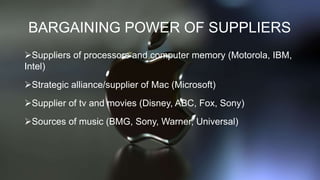 BARGAINING POWER OF SUPPLIERS
Suppliers of processors and computer memory (Motorola, IBM,
Intel)
Strategic alliance/supplier of Mac (Microsoft)
Supplier of tv and movies (Disney, ABC, Fox, Sony)
Sources of music (BMG, Sony, Warner, Universal)
 