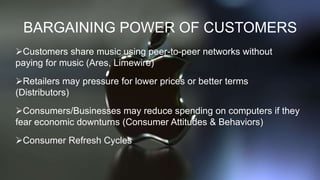 BARGAINING POWER OF CUSTOMERS
Customers share music using peer-to-peer networks without
paying for music (Ares, Limewire)
Retailers may pressure for lower prices or better terms
(Distributors)
Consumers/Businesses may reduce spending on computers if they
fear economic downturns (Consumer Attitudes & Behaviors)
Consumer Refresh Cycles
 