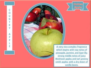 A very nice complex fragrance
which begins with top notes of
pineapple, jasmine, and tiger lily;
strong middle notes of juicy
McIntosh apples and tart granny
smith apples; with a dry down of
vanilla beans.
C
O
U
N
T
R
Y
A
P
P
L
E
 