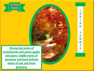 Strong top notes of
strawberries and green apples
and pears; middle notes of
geranium and basil; bottom
notes of oak and fresh
greenery.
I
N
D
I
A
N
S
U
M
M
E
R
 