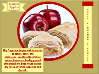 This fragrance begins with top notes
of apples, pears, and
applesauce. Middle notes include
banana leaves and freshly ground
cinnamon bark. Base notes include
dry notes of vanilla, hazelnut, and
almond.
A
P
P
L
E
C
I
N
N
A
M
O
N
S
T
R
E
U
S
E
L
 