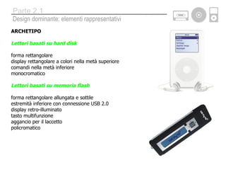 ARCHETIPO Lettori basati su hard disk forma rettangolare display rettangolare a colori nella metà superiore comandi nella metà inferiore monocromatico Lettori basati su memoria flash forma rettangolare allungata e sottile estremità inferiore con connessione USB 2.0 display retro-illuminato tasto multifunzione aggancio per il laccetto policromatico Design dominante: elementi rappresentativi Parte 2.1 