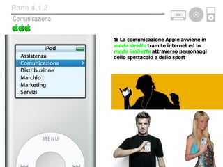    La comunicazione Apple avviene in  modo diretto  tramite internet ed in  modo indiretto  attraverso personaggi dello spettacolo e dello sport Comunicazione Parte 4.1.2 
