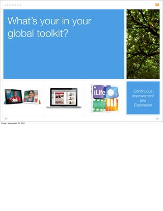 Continuous
Improvement
and
Exploration
What’s your in your
global toolkit?
30
Friday, September 23, 2011
 