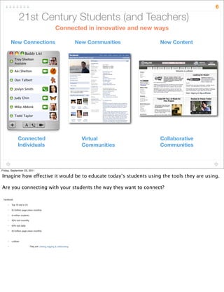 21st Century Students (and Teachers)
6
New Connections
Connected
Individuals
New Communities
Virtual
Communities
New Content
Collaborative
Communities
Connected in innovative and new ways
Friday, September 23, 2011
Imagine how effective it would be to educate today’s students using the tools they are using.
Are you connecting with your students the way they want to connect?
Facebook
• Top 10 site in US
• 8.5 billion page views monthly
• 6 million students
• 92% visit monthly
• 63% visit daily
• 8.5 billion page views monthly
• ccMixer
• They are Creating, tagging, & collaborating
 