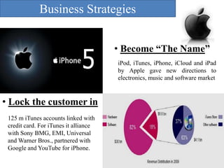 Business Strategies
• Become “The Name”
iPod, iTunes, iPhone, iCloud and iPad
by Apple gave new directions to
electronics, music and software market

• Lock the customer in
125 m iTunes accounts linked with
credit card. For iTunes it alliance
with Sony BMG, EMI, Universal
and Warner Bros., partnered with
Google and YouTube for iPhone.

 