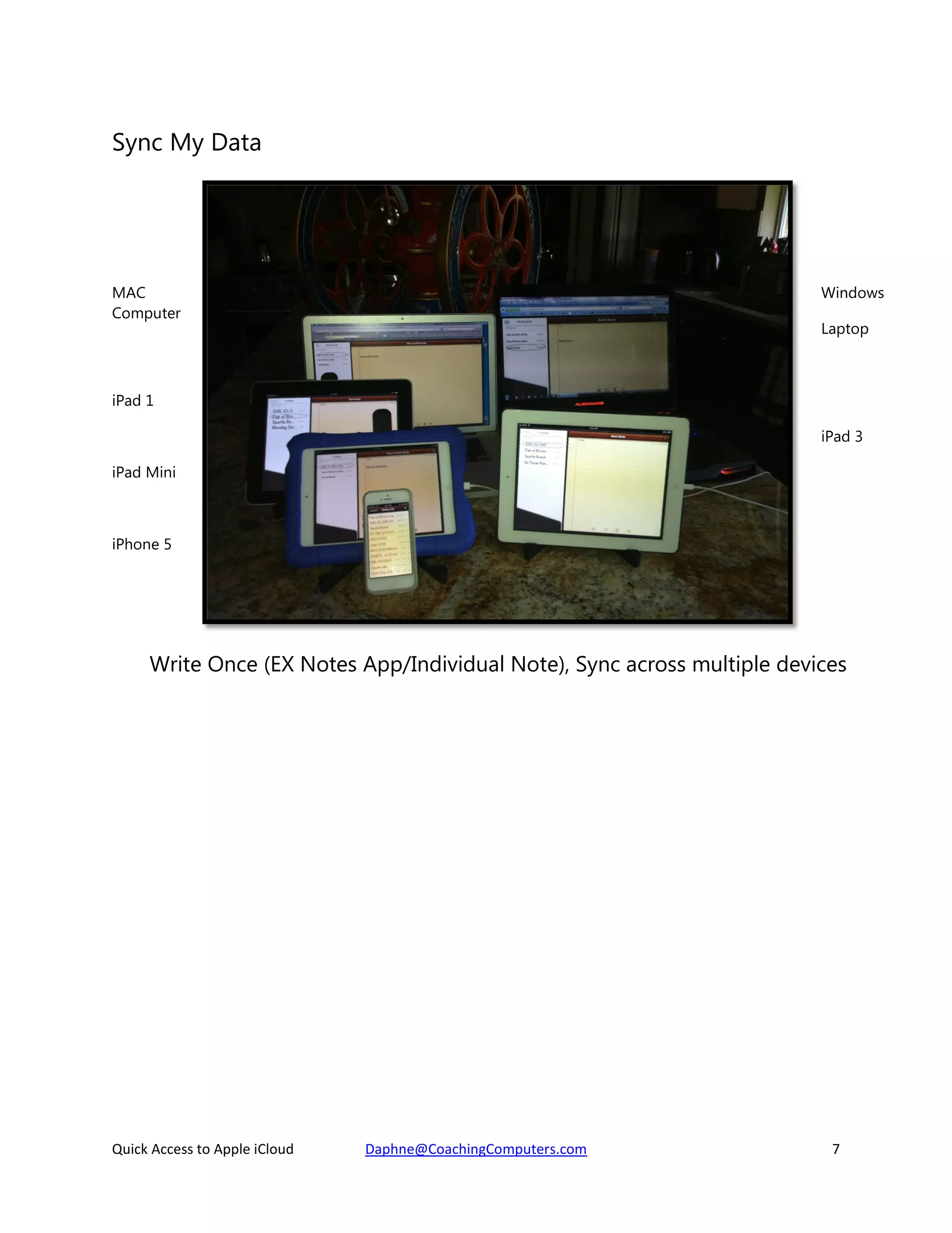 Sync My Data

MAC
Computer

Windows
Laptop

iPad 1
iPad 3
iPad Mini

iPhone 5

Write Once (EX Notes App/Individual Note), Sync across multiple devices

Quick Access to Apple iCloud

Daphne@CoachingComputers.com

7

 