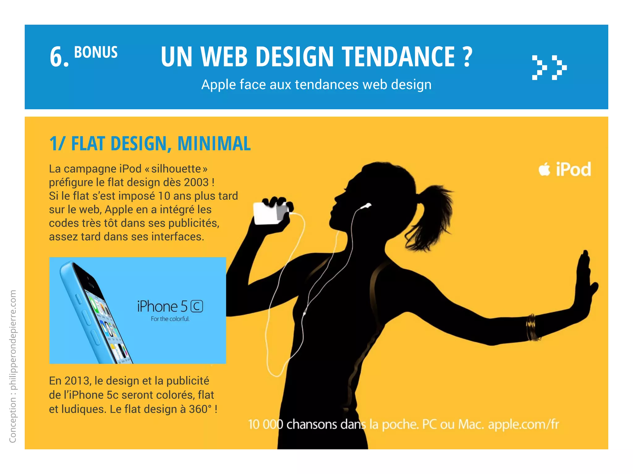 1/ FLAT DESIGN, minimal
macOS : iOS en grand ?
Un web design tendance ?
Apple face aux tendances web design
Conception:philipperondepierre.com
6.BoNUS
>>
macOS Sierra (2016) remplace OS X El Capitan (2015)
 