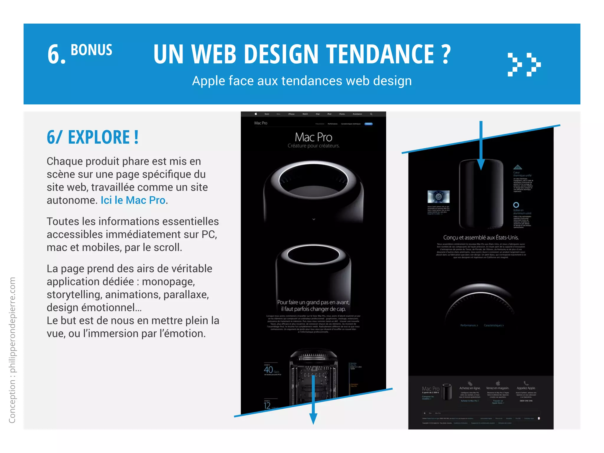 Un web design tendance ?
Apple face aux tendances web design
Conception:philipperondepierre.com
6.BoNUS
>>
5/ Data design
Mobile + Data : le duo gagnant !
Apple place le data design au cœur
de l’interface utilisateur.
Le data design prend tout son sens sur
les écrans mobiles de petites tailles,
notamment sur iPhone et Apple Watch.
Il synthétise les données de façon
graphique, simple et efficace.
Avec Health, l’iPhone devient
votre compagnon de santé.
 