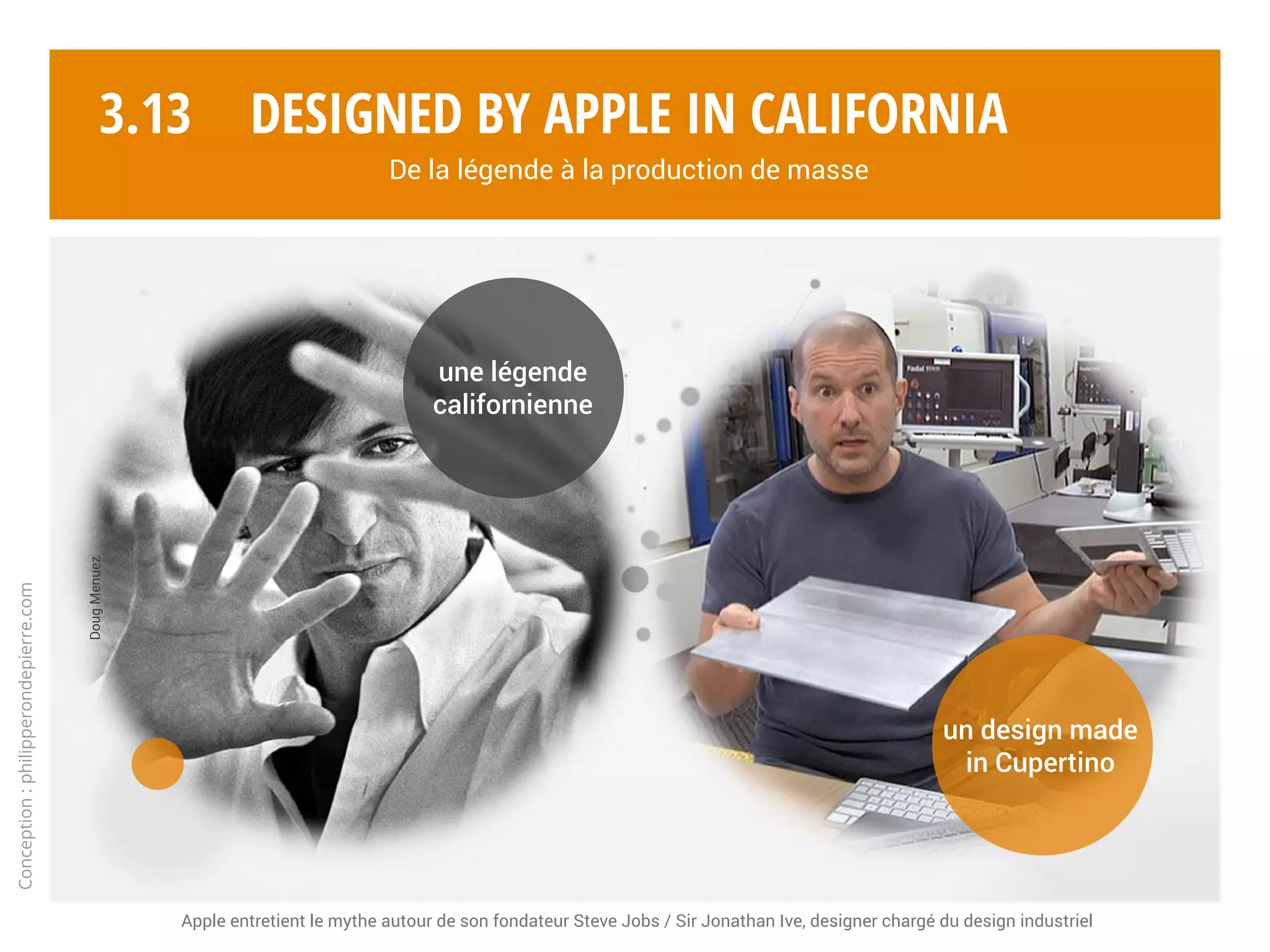 3.12
Conception:philipperondepierre.com
Nous sommes des ingénieurs et des artistes. Des artisans et des inventeurs.
Nous signons notre travail. Vous y prêtez peut-être rarement attention. Mais vous le sentirez toujours.
C’est notre signature. Et ça veut tout dire.
Designed by Apple in California.*
* Extrait du texte de la campagne « Designed by Apple in California », 2013.
Designed by Apple in California
De la légende à la production de masse
 