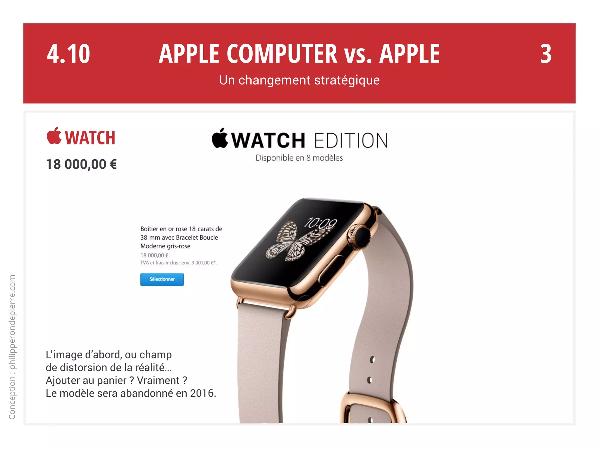 Apple Computer vs. Apple
Un changement stratégique
Conception:philipperondepierre.com
4.09
Watch
Promo chic chez Colette autour de
l’Apple Watch. Paris, 2014.
De gauche à droite, Sarah Andelman
(Colette), Karl Lagerfeld (Chanel… ),
Anna Wintour (American Vogue),
Jony Ive et Marc Newson (Apple)…
Colette
Vitrine du magasin Colette
Colette
2
 