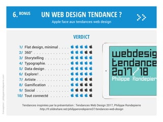 Un web design tendance ?
Apple face aux tendances web design
Conception:philipperondepierre.com
6.BoNUS
>>
10/ Tout connecté
En 2016 macOS intègre Siri.
L’ordinateur écoute, échange et
exécute les demandes de l’utilisateur.
Siri sera ouvert aux développeurs
tiers. Ce qui permettra de pousser
l’interaction homme/machine sur
des logiciels non Apple.
 