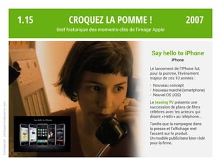 Say hello to iPhone
iPhone
Le lancement de l’iPhone fut,
pour la pomme, l’événement
majeur de ces 10 années :
• Nouveau concept
• Nouveau marché (smartphone)
• Nouvel OS (iOS)
Le teasing TV présente une
succession de plans de films
célèbres avec les acteurs qui
disent « Hello » au téléphone…
Tandis que la campagne dans
la presse et l’affichage met
l’accent sur le produit.
Un modèle publicitaire bien rôdé
pour la firme.
Croquez la pomme !
Bref historique des moments-clés de l’image Apple
Conception:philipperondepierre.com
1.15 2007
 