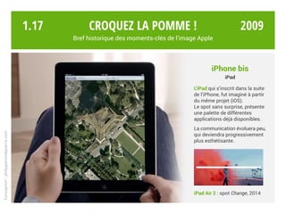 iPhone bis
iPad
L’iPad qui s’inscrit dans la suite
de l’iPhone, fut imaginé à partir
du même projet (iOS).
Le spot sans surprise, présente
une palette de différentes
applications déjà disponibles.
La communication évoluera peu,
qui deviendra progressivement
plus esthétisante.
Croquez la pomme !
Bref historique des moments-clés de l’image Apple
Conception:philipperondepierre.com
1.17
iPad Air 2 : spot Change, 2014
2009
 