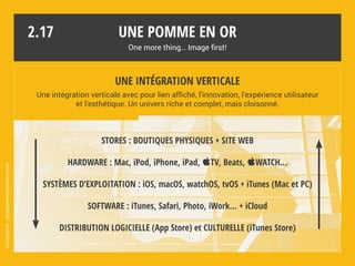 Une pomme en or
One more thing… Image first!
Apple impose aux distributeurs agréés des règles strictes et coûteuses
au profit de ses propres boutiques physiques et en ligne.*
Un réseau de distribution maîtrisé
Store Bruxelles, 2016 (flagship) - * macg.co - ** clubic.com
2.16
Le design des Apple Store
est déposé dans certains pays.**
Un modèle à mi-chemin entre
supermarché et boutique chic.
Le design des Apple Store
est déposé dans certains pays.**
Un modèle à mi-chemin entre
supermarché et boutique chic.
Conception:philipperondepierre.com
Apple
 