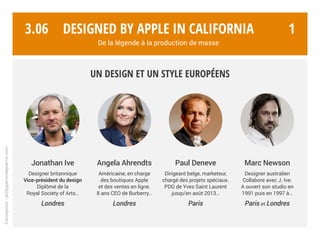 3.05 1
Conception:philipperondepierre.com
Si la marque inspire avec sa légende californienne typique du rêve américain,
ses références en design, image et communication, sont plus que jamais européennes.
Designed by Apple in California
De la légende à la production de masse
 
