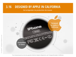 Conception:philipperondepierre.com
3.15
Apple Store, Paris Opéra (flagship store français) / Campagne TV, presse et sur apple.com « Designed by Apple in California », 2013
distribution
chic globalisée
storytelling
et expérience
utilisateur
Designed by Apple in California
De la légende à la production de masse
 