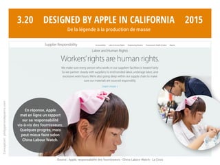 Conception:philipperondepierre.com
3.19
Un reportage
de la BBC révèle les
coulisses des conditions
de fabrication de l’iPhone 6
chez Pegatron en Chine.
Tim Cook « profondément
offusqué »…
Source : BBC News - Le Figaro - La page dédiée « Designed by Apple in California » sera retirée du site apple.com en février 2015.
2014Designed by Apple in California
De la légende à la production de masse
 