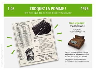Croquez la pomme !
Bref historique des moments-clés de l’image Apple
Une légende !
1re
publicité Apple I
Hum, hum…
Vivement l’Apple II ?
Le tout premier slogan d’Apple
« Byte into an apple » est utilisé
sur les brochures de l’Apple I.
Le premier micro-ordinateur
qui combine clavier et moniteur.
Conception:philipperondepierre.com
1.03 1976
 