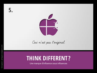Et après ?
L’Apple Watch se contenterait de surfer sur le succès de l’iPhone.
Selon le Wall Street Journal*, des centaines de personnes plancheraient sur un projet secret lié à la voiture
électrique autonome. Apple aurait débauché des ingénieurs chez Tesla Motors. Voiture ou système applicatif ?
Lors d’une interview pour le magazine Fortune*, Tim Cook reconnaît « explorer » un tel projet…
Apple Computer vs. Apple
Un changement stratégique
Conception:philipperondepierre.com
4.13
Tesla
* Sources : Wall Street Journal, Fortune - Tesla Motors
 