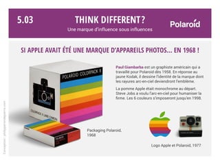 Think different?
Une marque d’influence sous influences
Focus sur l’essentiel, mise
en scène minimaliste et
moderne, fond épuré,
typographie élégante (style
suisse), ton décalé, direct
et disruptif, logo efficace…
Volkswagen utilisait ces
codes bien avant qu’Apple
s’en empare.
Think what?!
Si Apple avait été une marque automobile… en 1959 !
Conception:philipperondepierre.com
5.02
 