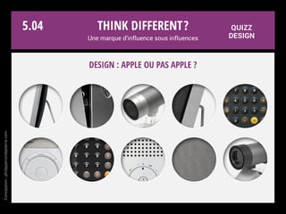 Think different?
Une marque d’influence sous influences
Packaging Polaroid,
1968
Si Apple avait été une marque d’appareils photos… en 1968 !
Paul Giambarba est un graphiste américain qui a
travaillé pour Polaroid dès 1958. En réponse au
jaune Kodak, il dessine l’identité de la marque dont
les rayures arc-en-ciel deviendront l’emblème.
La pomme Apple était monochrome au départ.
Steve Jobs a voulu l’arc-en-ciel pour humaniser la
firme. Les 6 couleurs s’imposeront jusqu’en 1998.
Logo Apple et Polaroid, 1977
Conception:philipperondepierre.com
5.03
 