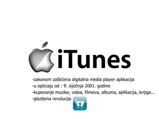 -zakonom zaštićena digitalna media player aplikacija  -u opticaju od : 9. siječnja 2001. godine -kupovanje muzike, videa, filmova, albuma, aplikacija, knjiga...  -glazbena revolucija 